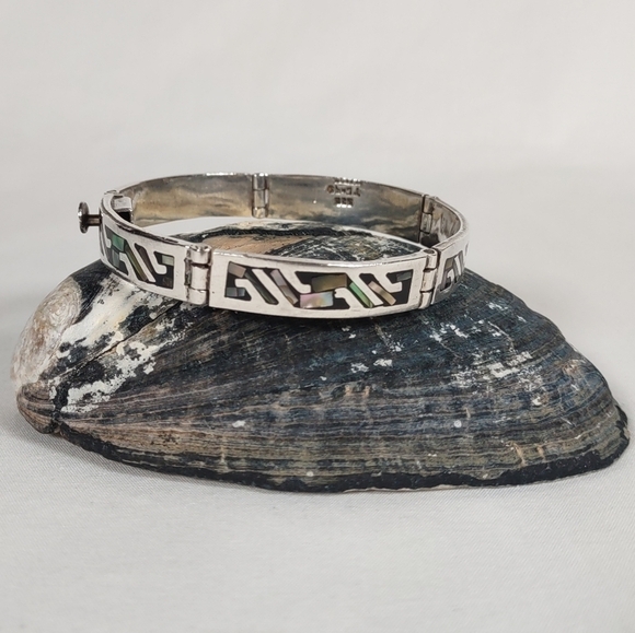 Vintage Taxco Sterling Silver Abalone Inlayed 5 Panel 7" Bracelet - Picture 1 of 8